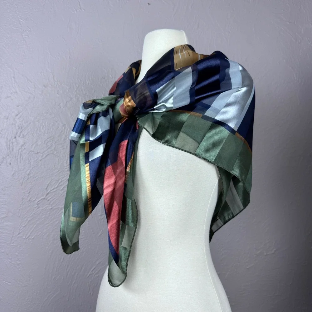 Vintage 90s abstract large scarf green, gold, blue New York style Corporate